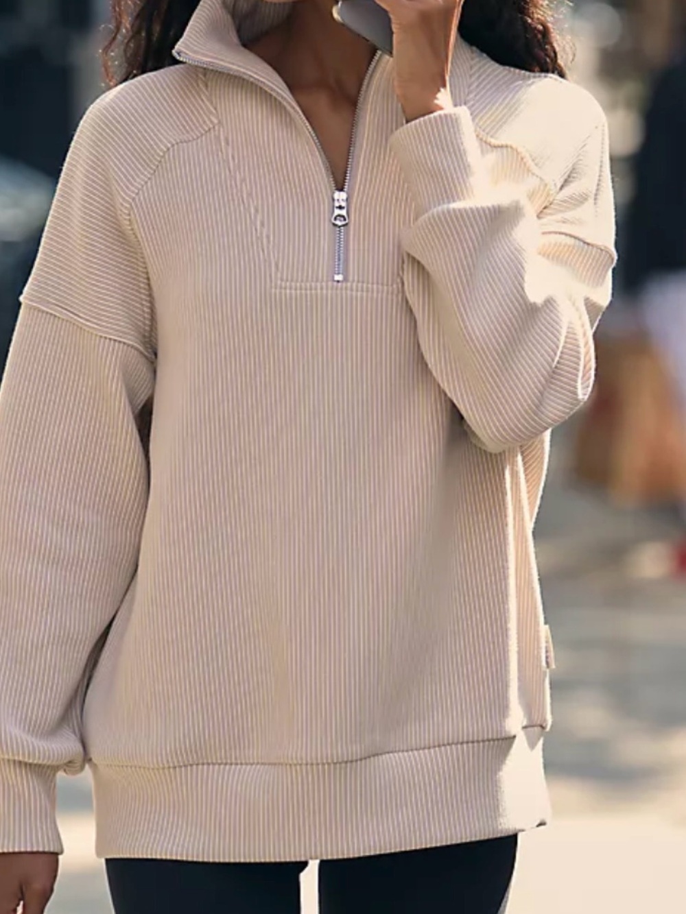 Anthropologie Varley Rhea Cream Ribbed Half-Zip  Pullover